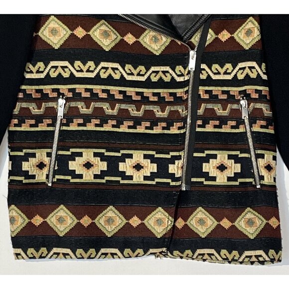 Zara Black Genuine Leather Aztec Southwestern Tapestry Boho Moto Zip Jacket - Picture 14 of 15